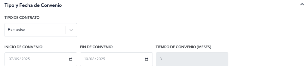 Tipo y Fecha de Convenio